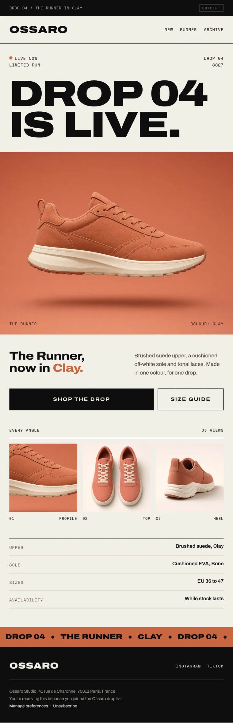 Concept product-launch email for Ossaro, a demo sneaker brand
